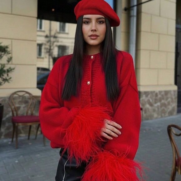 Red Casual Festive Women's fluffy faux fur sleeve cuffs Cardigan Top - Picture 6 of 11